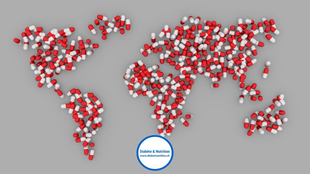 Une carte du monde formée par une multitude de capsules médicamenteuses rouges et blanches, symbolisant la distribution globale et l'usage répandu de la Metformine, le traitement le plus prescrit pour le diabète de type 2.