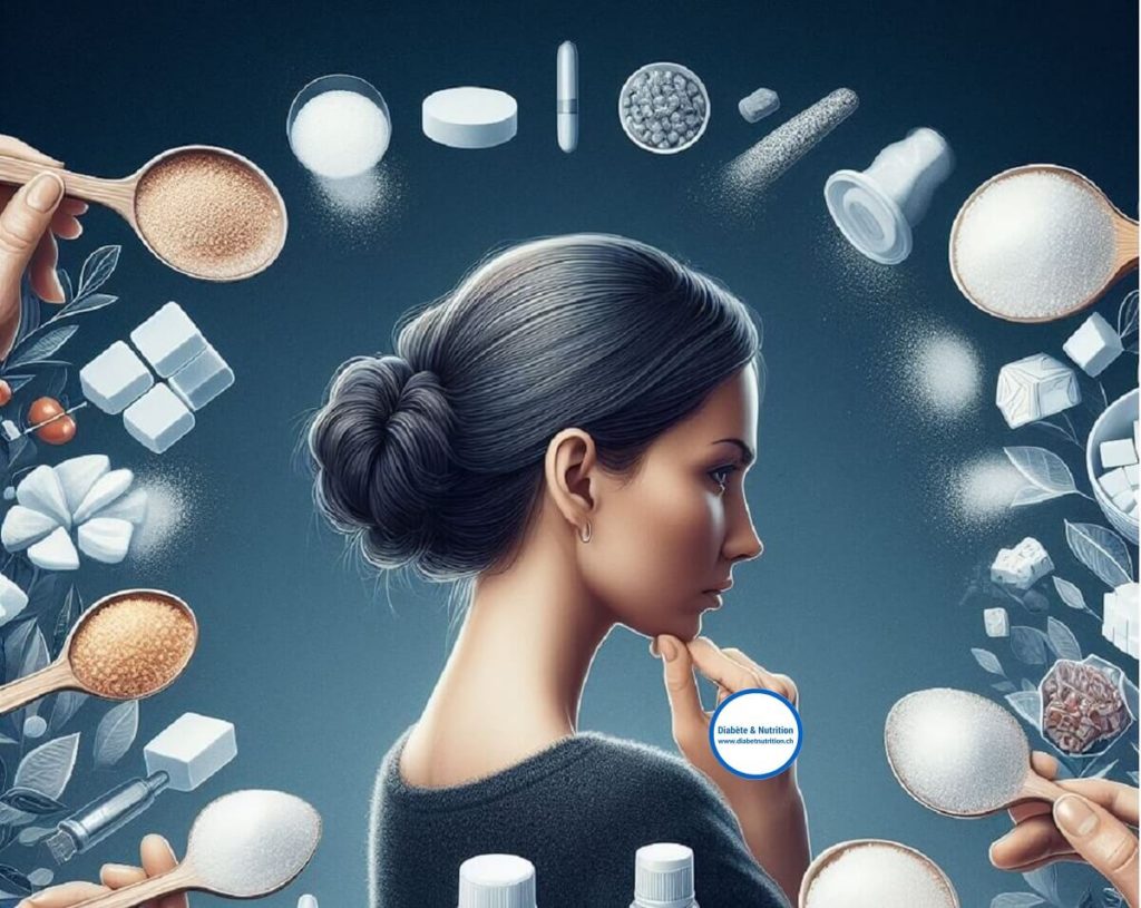 Une femme pensive face à diverses formes de sucre et d'édulcorants, incluant des cuillères de sucre roux et blanc, des sachets, et des pastilles, symbolisant le choix et l'impact des édulcorants sur la santé et le diabète.