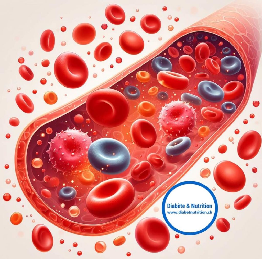 Illustration détaillée d'un vaisseau sanguin avec des globules rouges, des cellules sanguines variées et des dépôts de cholestérol, mettant en évidence l'impact de l'hypercholestérolémie et du diabète sur la circulation.