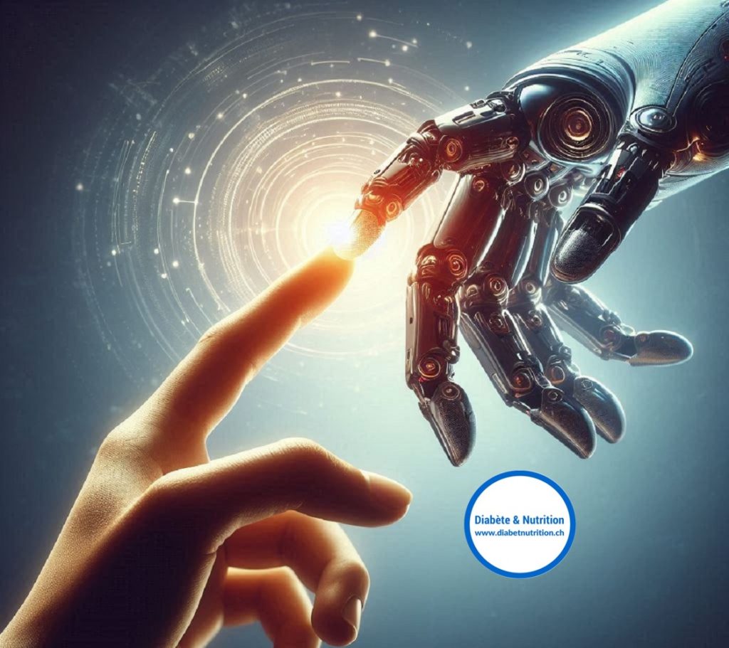 Une main humaine et une main robotique se touchant, symbolisant la collaboration entre l'homme et l'intelligence artificielle pour la gestion du diabète, avec un arrière-plan technologique lumineux.

