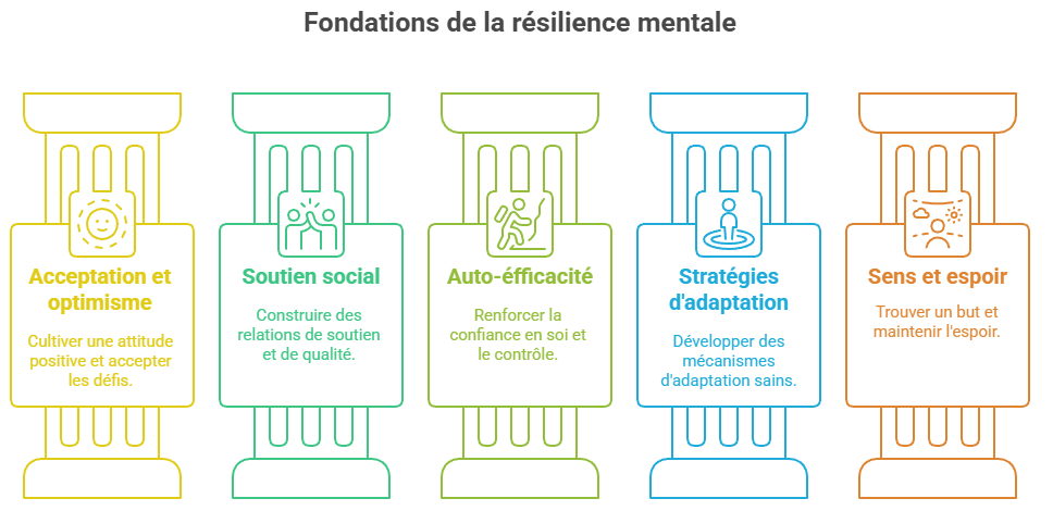 Infographie des 5 piliers de la résilience face au diabète, illustrés par des colonnes : 1. Acceptance et optimisme, 2. Soutien social, 3. Auto-efficacité (confiance en soi), 4. Stratégies d'adaptation saines, et 5. Sens et espoir.