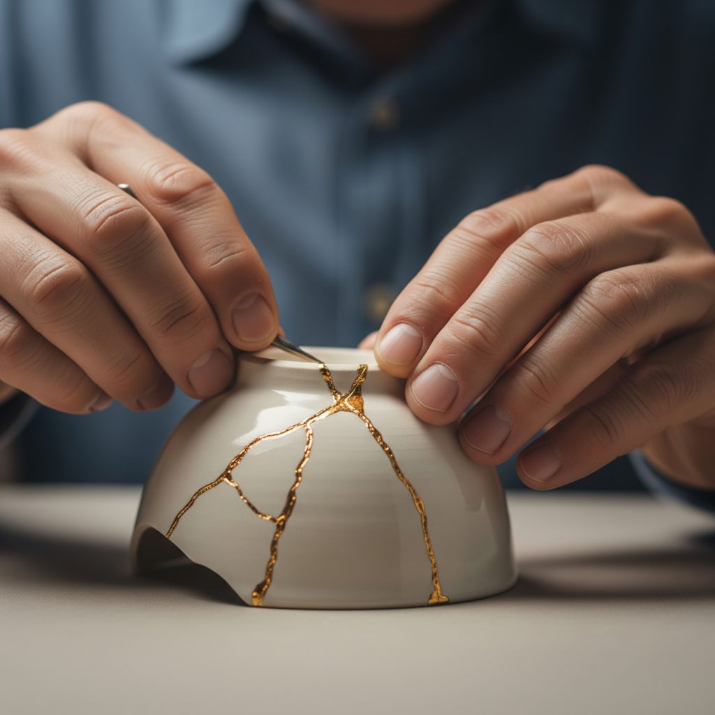Des mains réparent un bol cassé avec de l'or selon la technique du Kintsugi, une métaphore de la résilience face au diabète où les épreuves deviennent une source de force et de beauté.