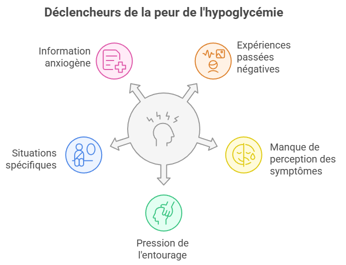 Infographie des 5 déclencheurs de la peur de l'hypoglycémie : les informations anxiogènes, les expériences passées négatives, le manque de perception des symptômes, la pression de l'entourage et les situations spécifiques.