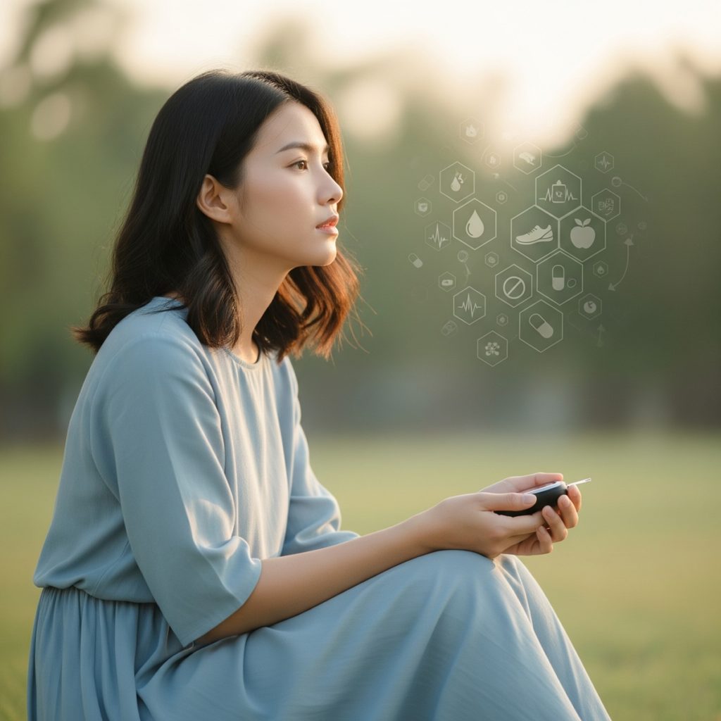 Une jeune femme assise dans l'herbe, pensive, tient un lecteur de glycémie et illustre la détresse liée au diabète, avec des icônes symbolisant la gestion de la maladie comme l'alimentation, le sport et les médicaments.