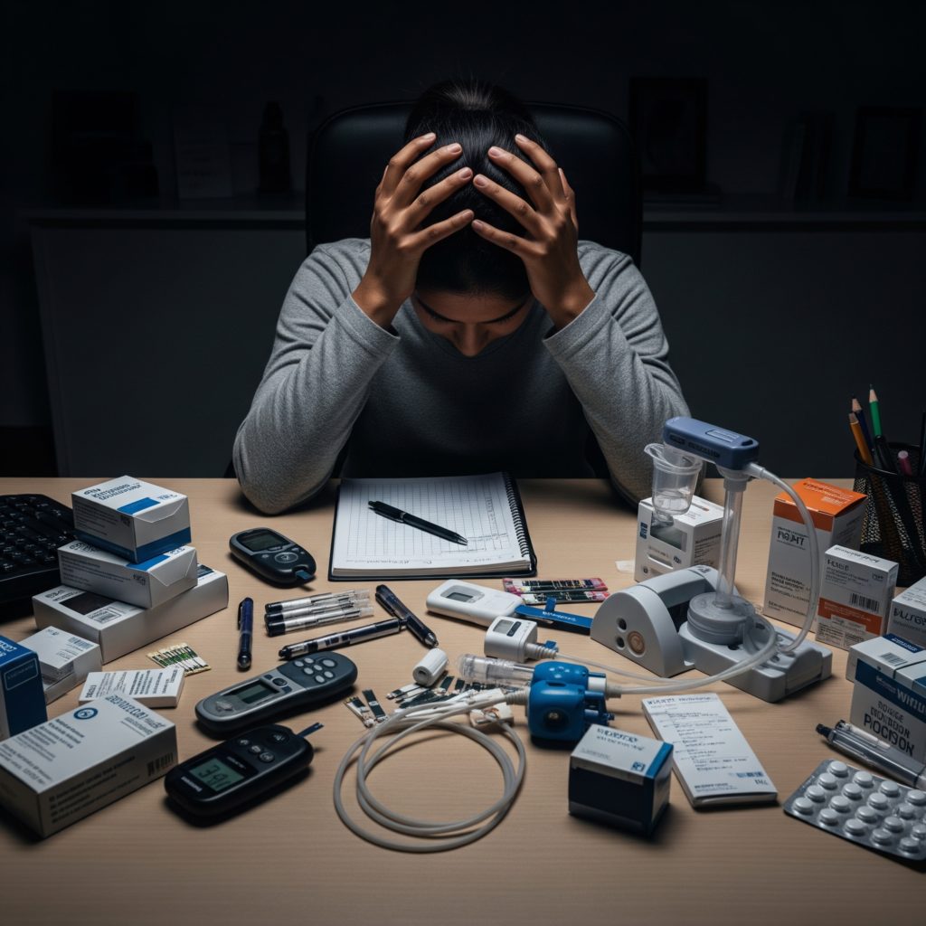Une personne, la tête dans les mains en signe de désespoir, est assise devant un bureau surchargé de matériel de gestion du diabète (pompe à insuline, lecteurs de glycémie, médicaments), illustrant le fardeau et le "diabetes burnout".
