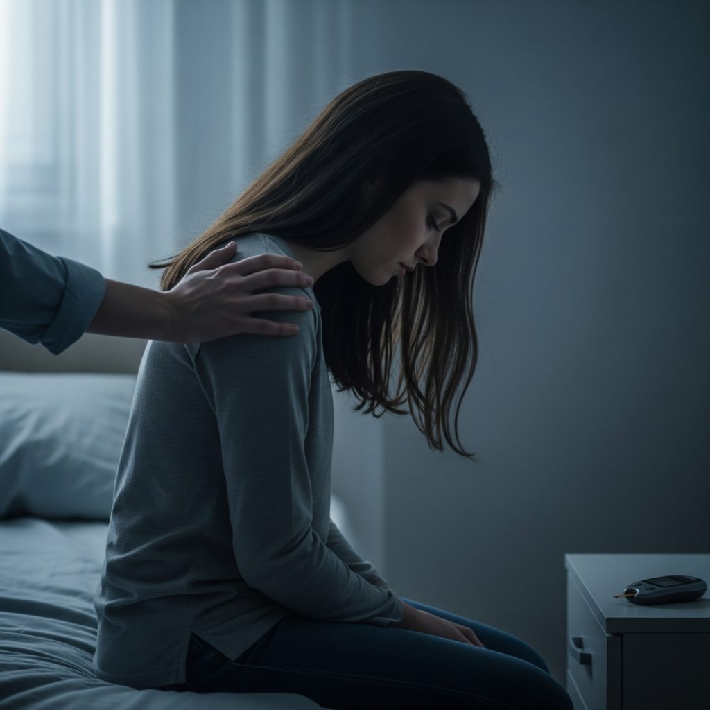 Une femme triste, assise sur son lit, reçoit le soutien d'une main sur son épaule, illustrant la dépression liée au diabète, avec un lecteur de glycémie posé sur la table de chevet.