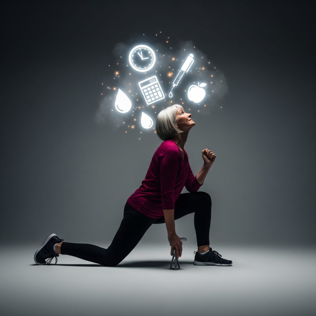 Une femme déterminée en position de fente, regarde avec force un nuage d'icônes de gestion du diabète (insuline, glycémie, alimentation), symbolisant l'action de retrouver la motivation face à l'épuisement.