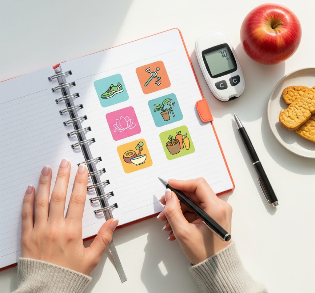 Personne planifiant des stratégies de gestion du stress et du diabète dans un carnet avec des icônes d'activité physique et de relaxation, à côté d'un lecteur de glycémie et d'une pomme.
