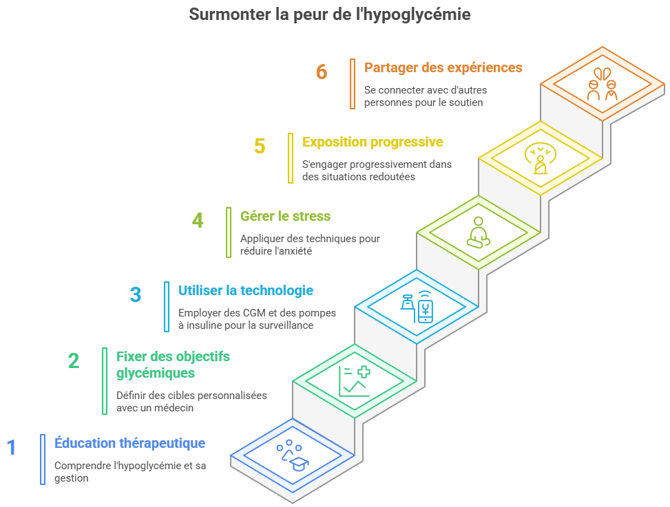 Infographie en 6 étapes pour surmonter la peur de l'hypoglycémie : 1. Éducation thérapeutique, 2. Fixer des objectifs glycémiques, 3. Utiliser la technologie (CGM, pompe), 4. Gérer le stress, 5. Exposition progressive, 6. Partager ses expériences.