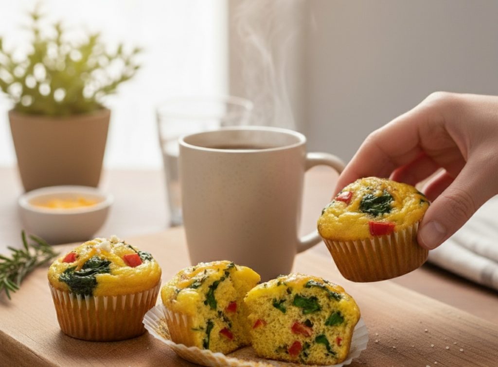 Muffins aux œufs et légumes dans une boîte à emporter, une idée de petit-déjeuner sain et rapide, adapté pour la gestion du diabète.