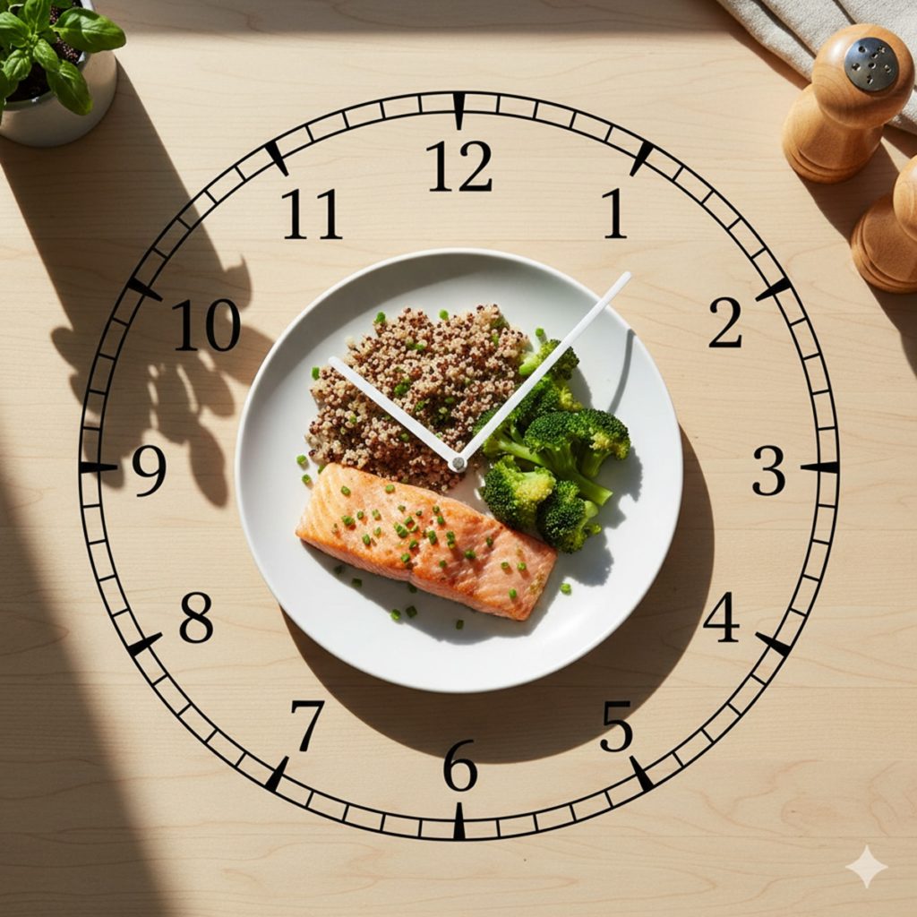 Assiette saine avec saumon, quinoa et brocoli, superposée d'une horloge, illustrant le concept de la chrononutrition et l'impact de l'heure des repas sur la glycémie.