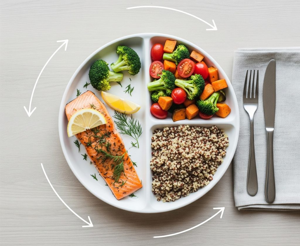 Assiette compartimentée illustrant le principe de l'ordre des aliments pour lisser la glycémie, avec du saumon et des légumes à consommer avant le quinoa.