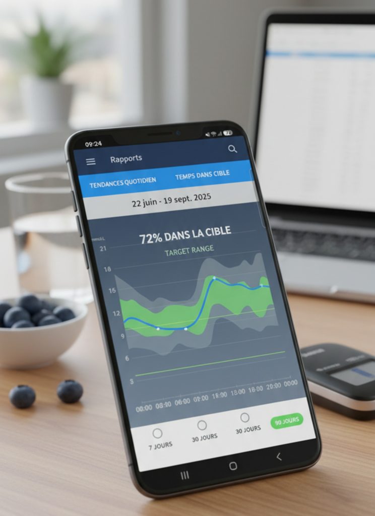Smartphone affichant sur son écran un rapport de Temps dans la Cible (TIR) de 72% pour la gestion du diabète. Le graphique montre la courbe de glycémie, illustrant le suivi moderne et précis de la maladie par rapport à la mesure de l'HbA1c.