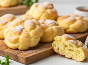 Plusieurs pains nuage (cloud bread) maison, dorés et moelleux, présentés sur une planche en bois. L'un d'eux est coupé en deux pour montrer sa texture aérée, parfaite pour une recette sans gluten.