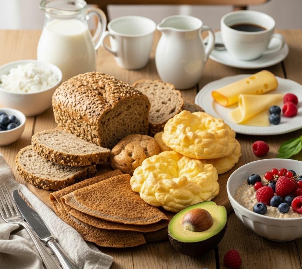 Un petit-déjeuner sain et équilibré joliment présenté sur une table en bois, comprenant une variété d'aliments nutritifs comme du pain complet, des flocons d'avoine aux fruits rouges, de l'avocat et des produits laitiers.