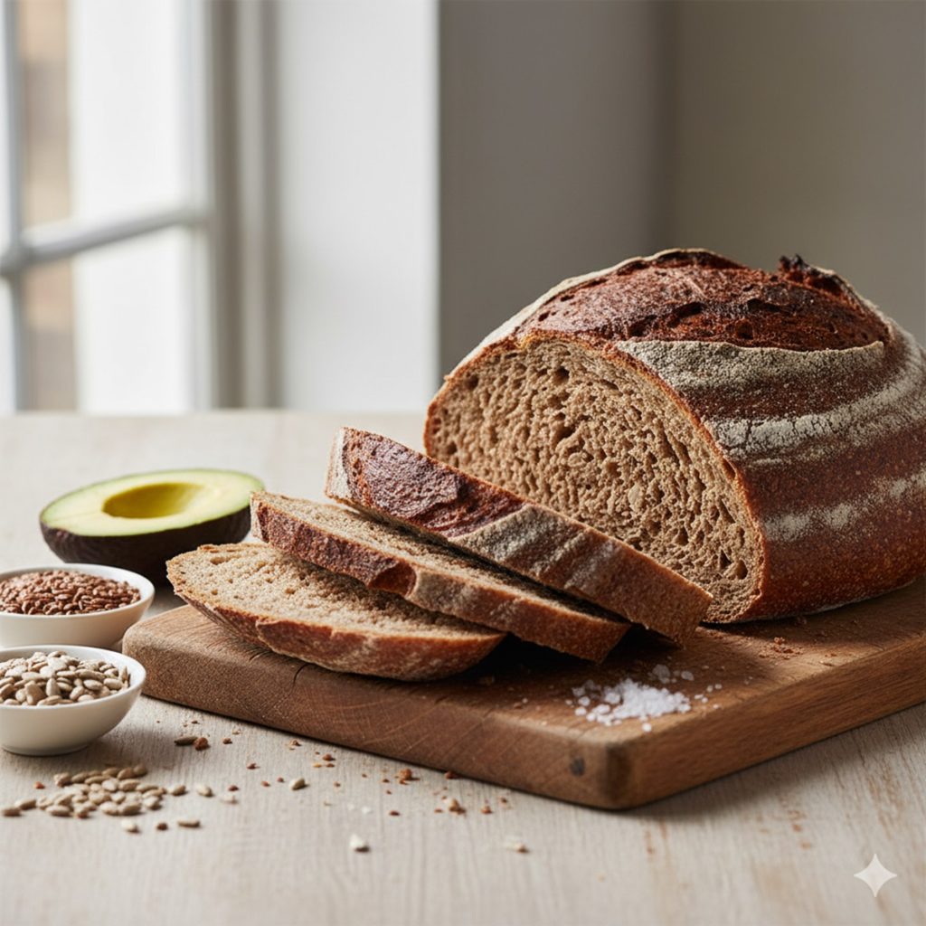 Miche de pain rustique tranchée sur une planche en bois, servie avec un demi-avocat, des graines de lin et de tournesol, illustrant le concept du meilleur pain pour la santé.