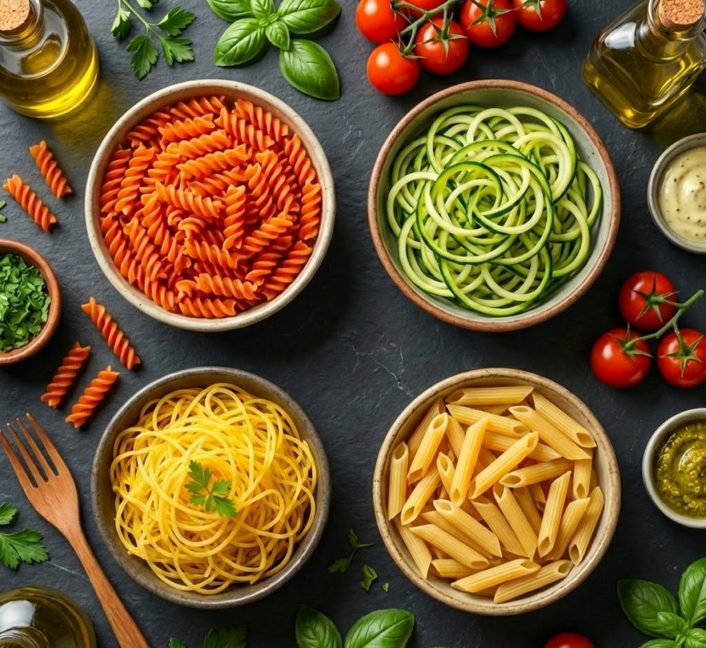 Vue de dessus de quatre bols de pâtes variées (fusilli complets, spaghetti, penne et nouilles de courgettes) entourés de tomates cerises, basilic et huile d'olive pour illustrer les alternatives de pâtes adaptées au diabète.