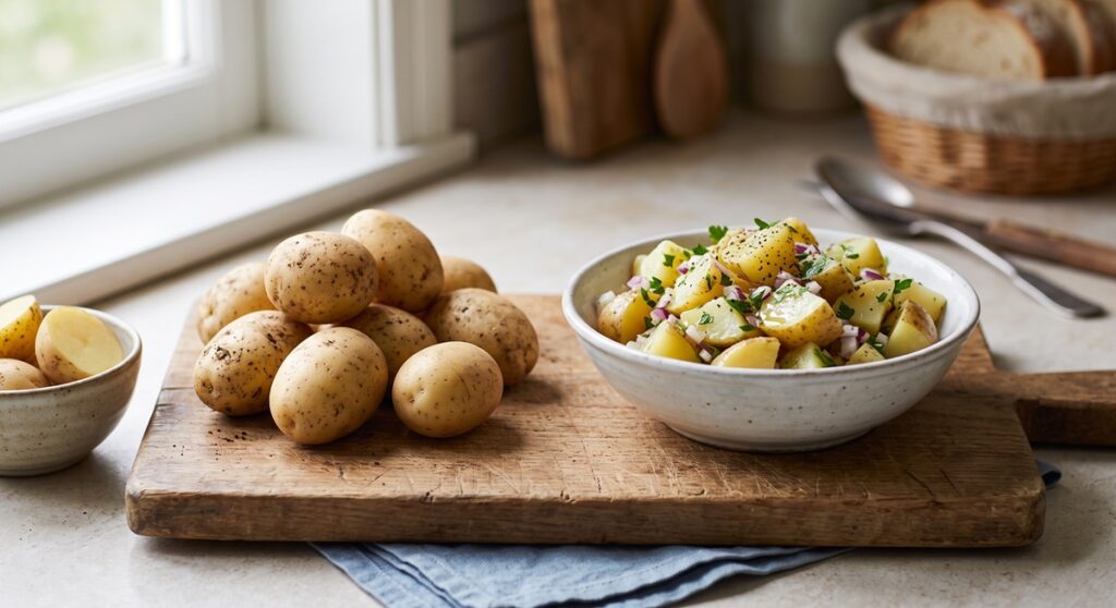 Petites pommes de terre crues et salade de pommes de terre froide à la vinaigrette dans un bol, sur une planche en bois, illustrant l'impact de la cuisson et du refroidissement sur la glycémie en cas de diabète
