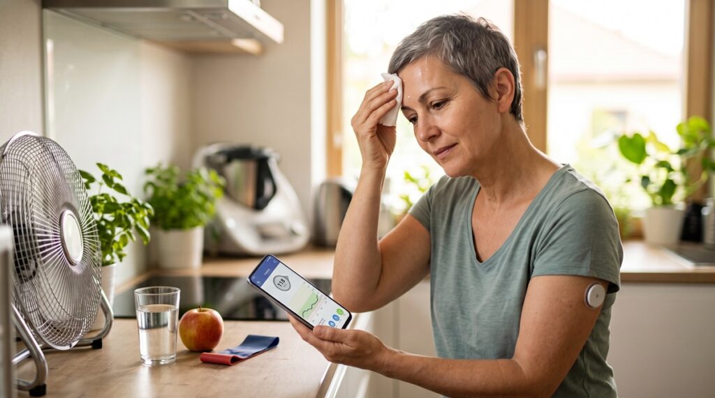 Femme en bouffée de chaleur pendant la ménopause vérifiant sa glycémie sur son téléphone, illustration du lien entre diabète et ménopause