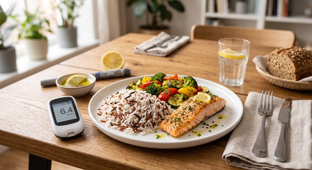 Assiette de riz complet et sauvage avec pavé de saumon et légumes grillés, à côté d'un lecteur de glycémie affichant 6,4 mmol/L, illustrant un repas équilibré pour le diabète et le riz